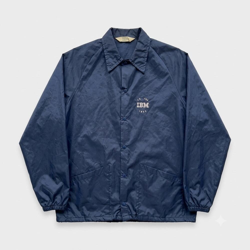 Vintage 80s IBM Employee Windbreaker Rain Jacket Navy Blue Snap Button Mens XL